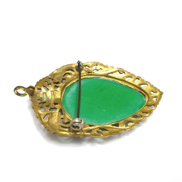 Vintage Chinese Faux Jade Brooch Pendant, Hidden Dragons Pagoda Phoenix, 1940s - Picture 4 of 10